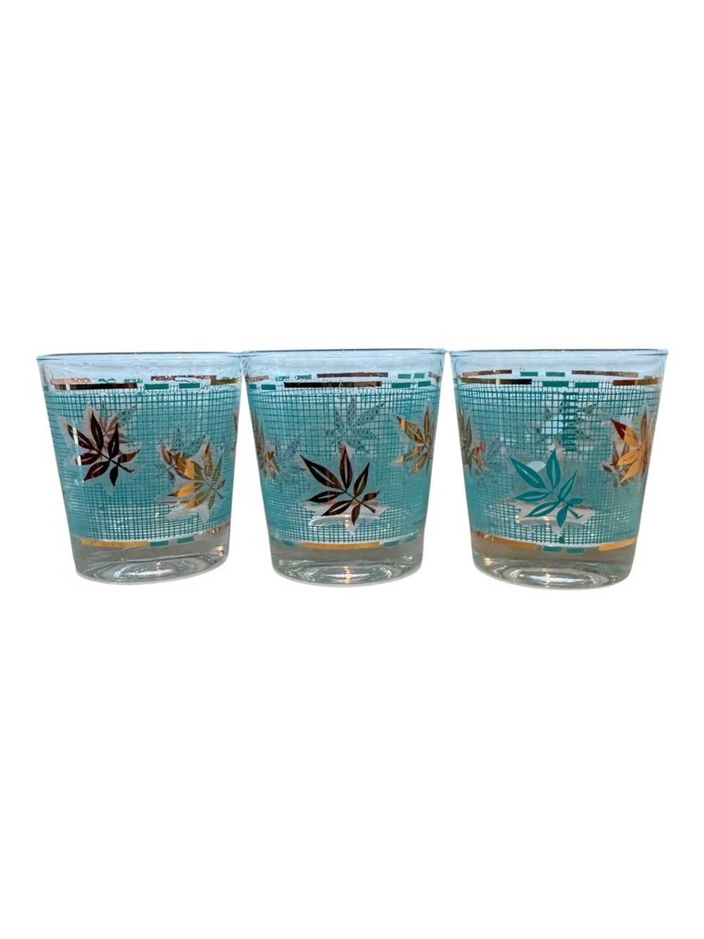 Set of 3 Vintage MCM Gold Leaf Glasses Turquoise Aqua Mid-Century